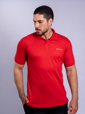 Camiseta Polo Santander na cor Vermelho com símbolo bordado na cor Branca