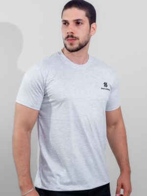 Camiseta Gola Redonda Banco do Brasil na cor Mescla Gelo com símbolo bordado na cor Preta