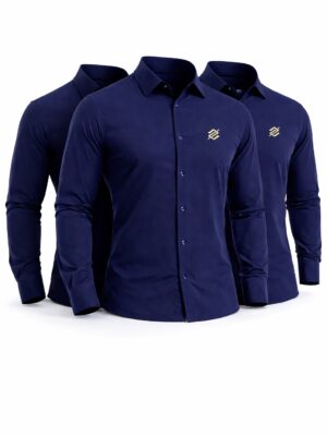 kit 3 Camisas Sociais na cor Marine com símbolo bordado na cor Dourado