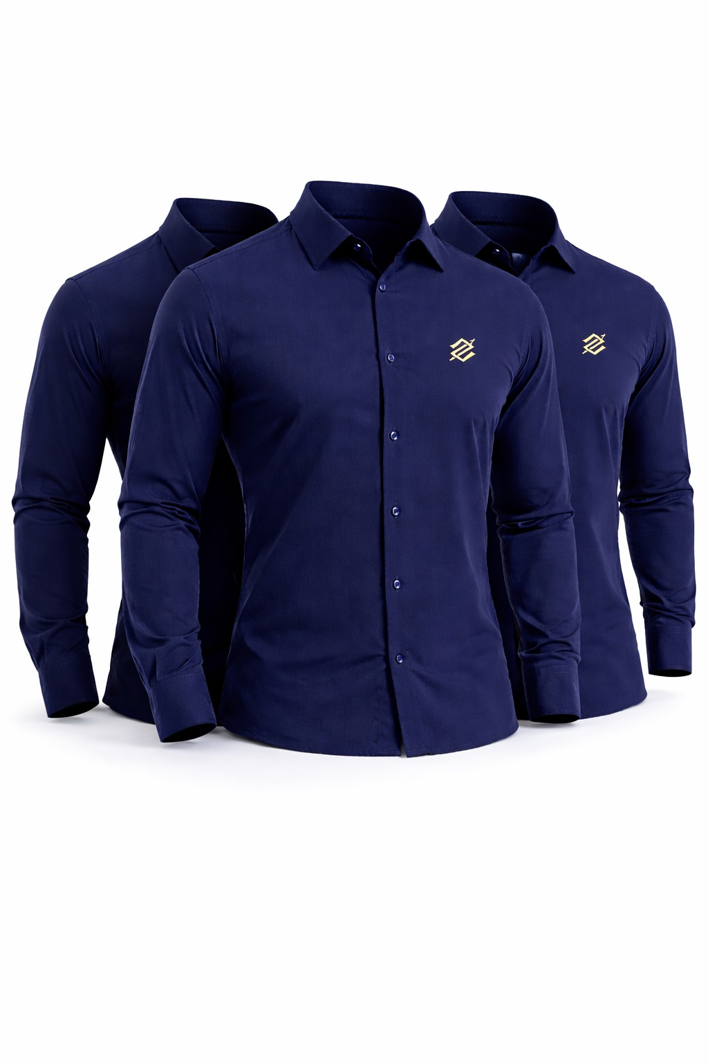 kit 3 Camisas Sociais na cor Marine com símbolo bordado na cor Dourado