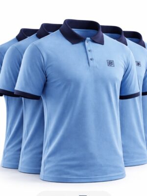 Kit 5 camisetas BB na cor Azul Etna com detalhes no punho e gola e símbolo bordado na cor Azul Marinho