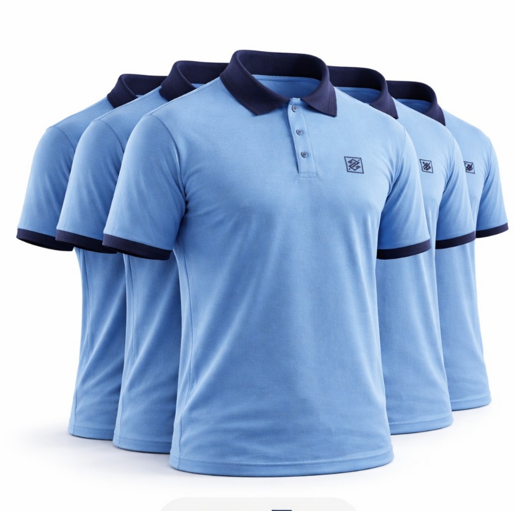 Kit 5 camisetas BB na cor Azul Etna com detalhes no punho e gola e símbolo bordado na cor Azul Marinho