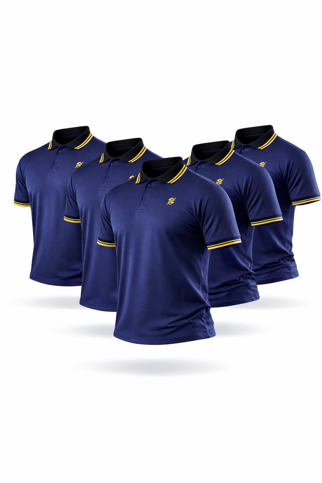 kit 5 camisetas BB na cor Azul Marinho com friso no punho e gola, com logo bordada na cor Amarela