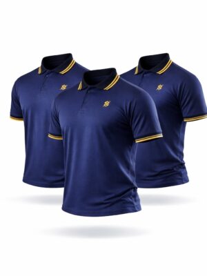 kit 3 camisetas BB na cor Azul Marinho com friso no punho e gola, com logo bordada na cor Amarela