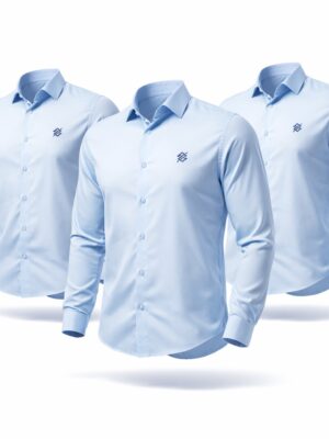 kit 3 Camisas Sociais na cor Miami Blue com símbolo bordado na cor Azul